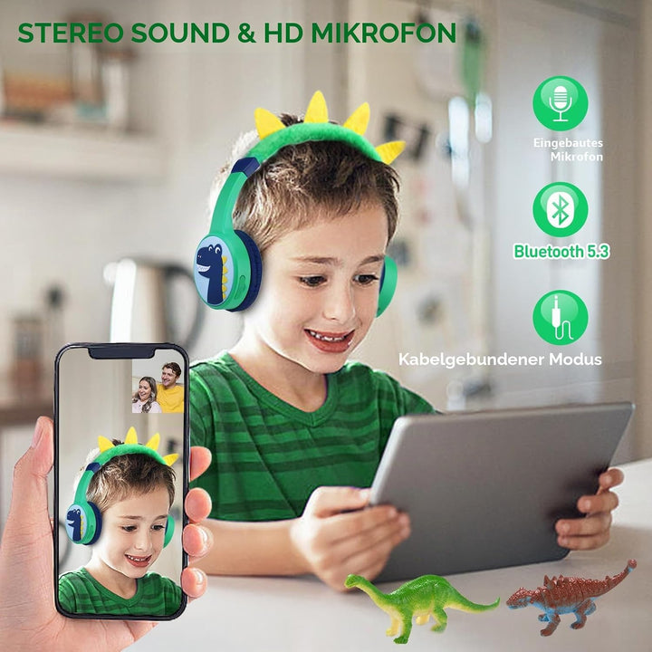 Bluetooth Kopfhörer Kinder, Dinosaurier Kinder Kopfhörer mit Kabel, Mikrofon, 85dB Lautstärkebegrenz