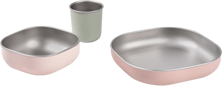 BÉABA Baby-Essensset Edelstahl 3-teilig – Glas + 2 Teller mit Silikonhülle, Mikrowellen- & Spülmasch