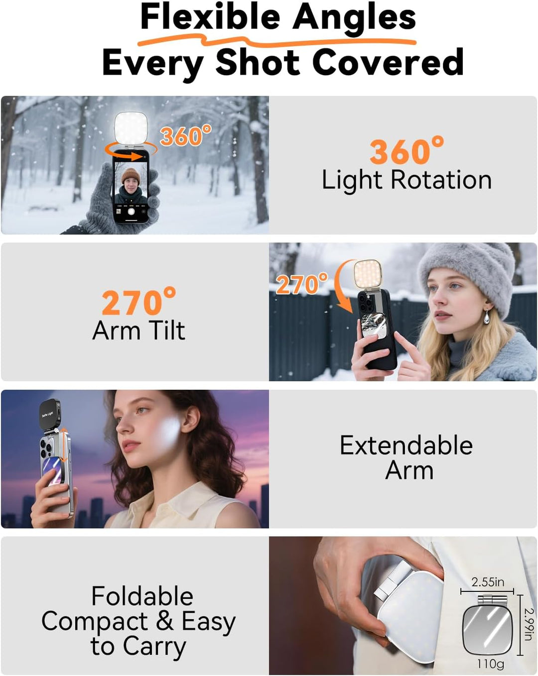 CloudValley Magnetisches Selfie Licht mit Spiegel, 3-in-1 Tragbares LED Ringlicht für iPhone & Andro