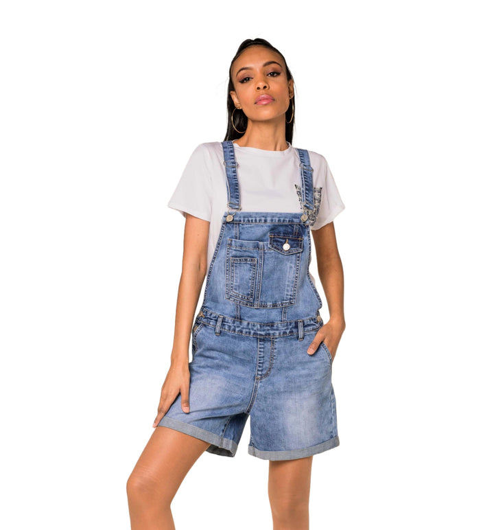 Nina Carter S511 Damen Jeans Latzshorts – Kurze Latzhose aus Denim mit Brusttaschen & Knöpfen – Somm