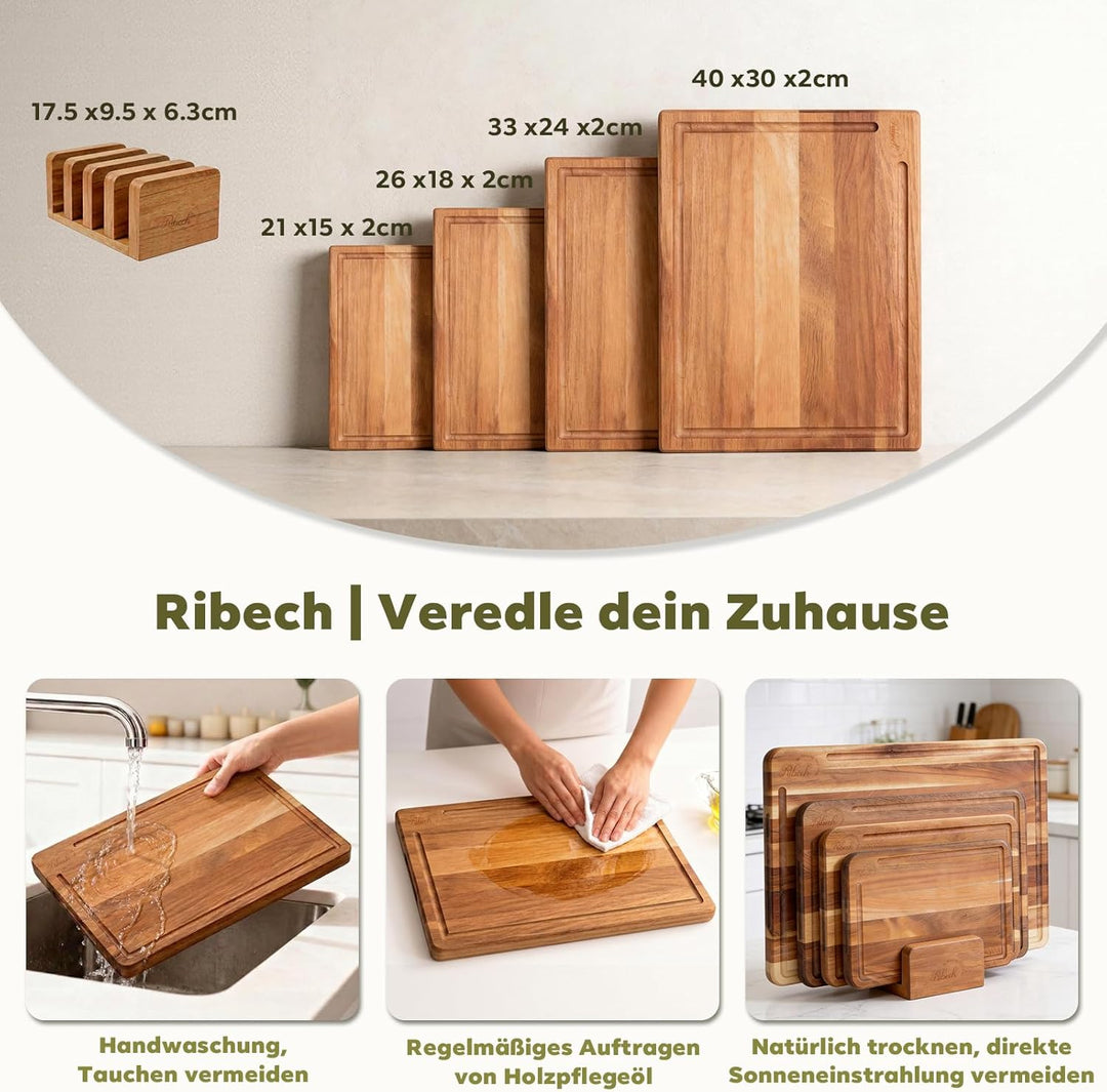 Schneidebrett Set 4-teilig aus Akazienholz inklusive Aufbewahrungsständer | 40x30cm 33x24cm 26x18cm