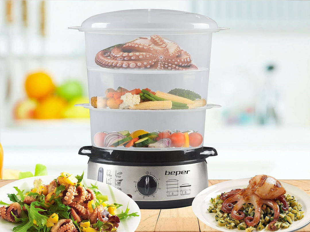 BEPER BC.250 Multi-Dampfgarer 9L, 800 W, Stahl, 3 herausnehmbare Behälter, BPA FREE, Tank 1000 ML, e