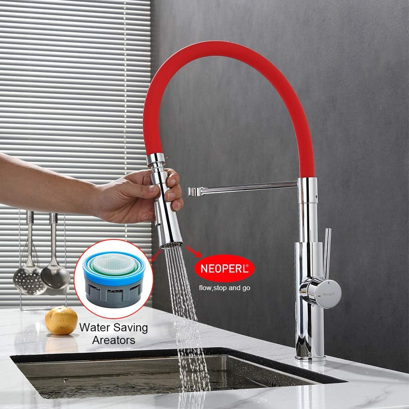 Ibergrif - Professionelle Küchenarmatur mit Brause, Wasserhahn für Küche mit Rot Flexibler Auslauf,