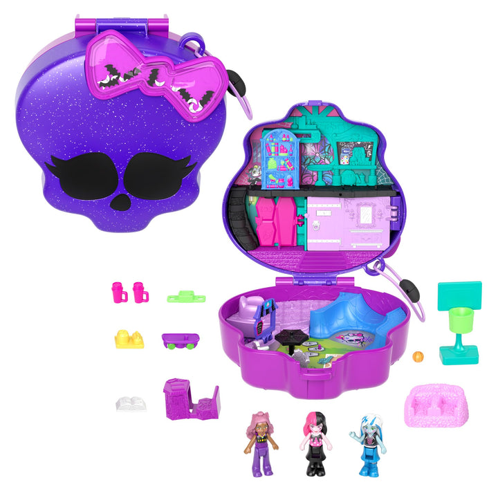 Polly Pocket Monster High Spielset mit 3 kleinen Puppen und 10 Zubehörteilen, Schulwelt im Inneren,