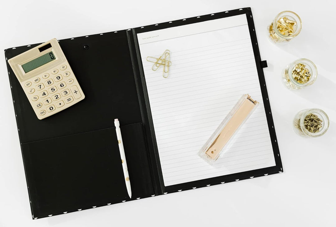 Kate Spade New York Clipboard Folio with Low Profile Clip, Black Professional Padfolio Includes Line