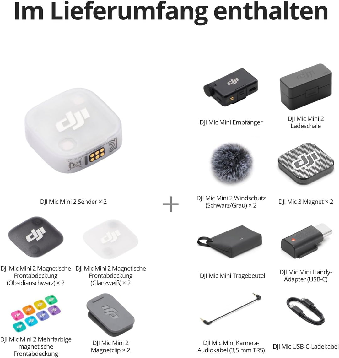 DJI Mic Mini 2 (2 TX + 1 Standard RX + Ladeschale), Lavalier-Mikrofon, Ansteckmikrofon für iPhone un
