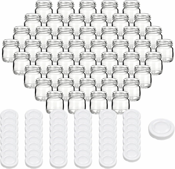 gouveo 48er Set Einmachgläser 40 ml Mini mit Schraub-Deckel weiss - Mini Vorratsgläser mit Drehversc