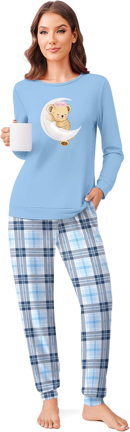 Ekouaer Schlafanzug Damen Lang Kuschelig Pyjama Set mit Bündchen Kariert Pyjamahose mit Tasche Blaue