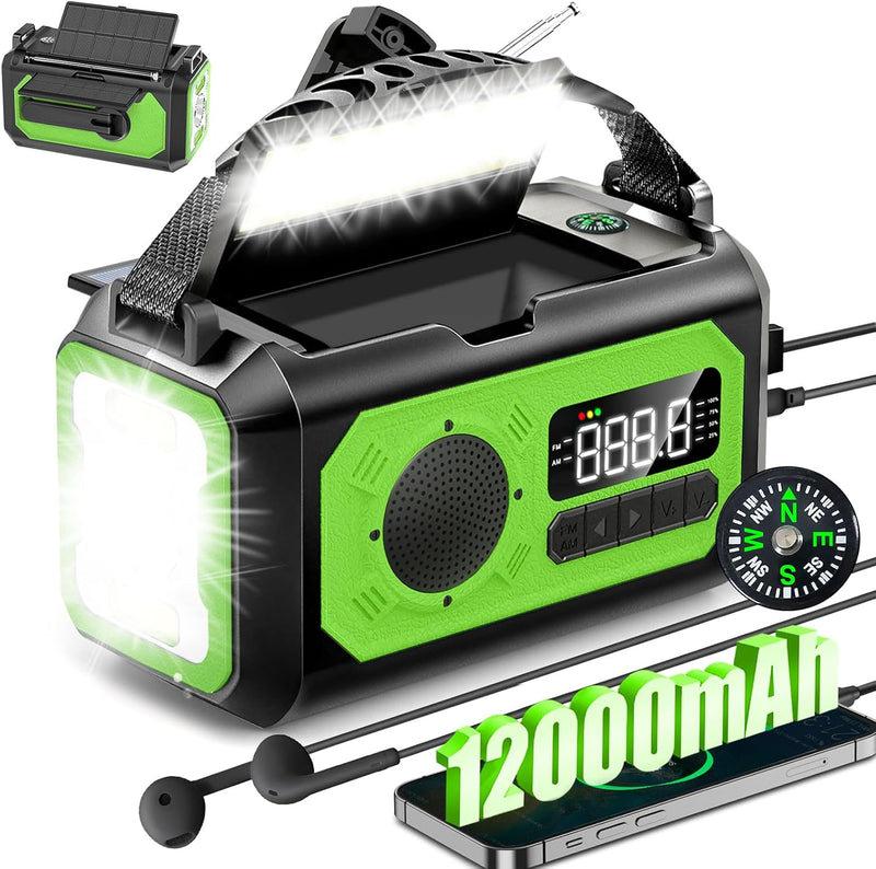 12000mAh Kurbelradio mit Handyladefunktion, Solar Radio mit 2 Sonnenkollektoren, AM/FM Tragbar Notfa