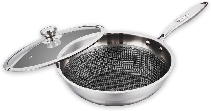 Kochgeschirr-Set aus 3 Pfannen und Wok, antihaftbeschichtet, aus Edelstahl, dreilagig, mit Glasdecke