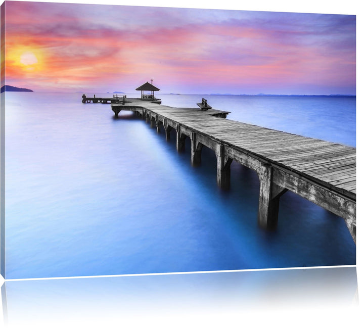 langer Steg mit kleinem Pavillon schwarz/weiss Format: 100x70 auf Leinwand, XXL riesige Bilder ferti