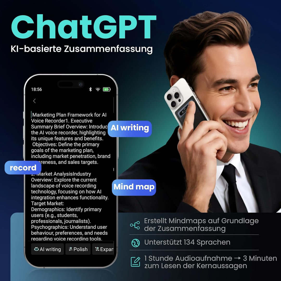 KI Digitales Diktiergerät Mit Hülle,64GB Aufnahmegerät Mit KI Transkription & Zusammenfassung,Tragba