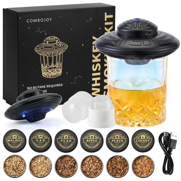 ComboJoy Elektrisches Whisky-Räucherkit mit LED, 6 Aromaholzspäne, Whisky-Glas & Eisform, wiederaufl