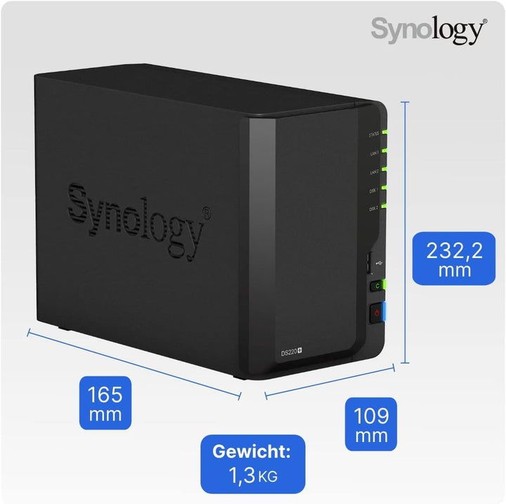 Synology DS220+ 8TB 2 Bay Desktop NAS System, installiert mit 2 x 4TB Seagate IronWolf Festplatten S