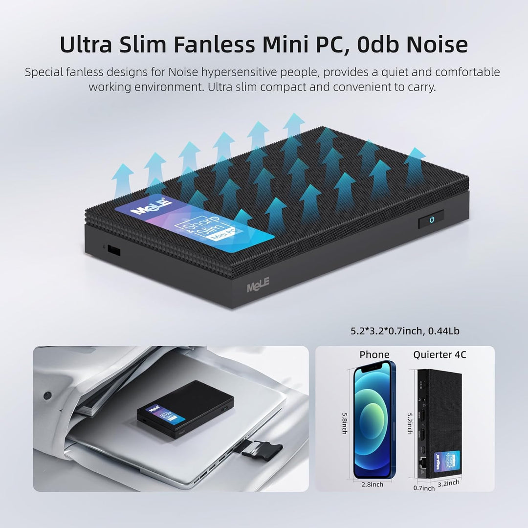MeLE Mini PC Lüfterloser Quieter4C N150(4C/4T, bis zu 3.6Ghz) USB-C Display 8GB LPDDR4 128GB Speiche
