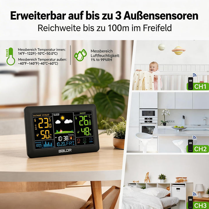 Konsen Wetterstation funk mit Aussensensor DCF Funkuhr, Grosses Farbdisplay mit Innen und Aussentemp
