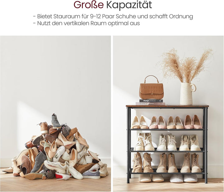 VASAGLE Schuhregal mit 4 Ebenen, platzsparend für Eingangsbereich, 3 Stoffablagen, grosse Oberfläche