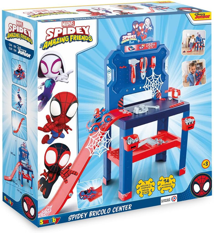 Smoby – Spidey Werkbank mit Sprungschanze – Werkcenter, 94 Zubehörteile mit 6 Werkzeugen &amp; Fahrzeug-
