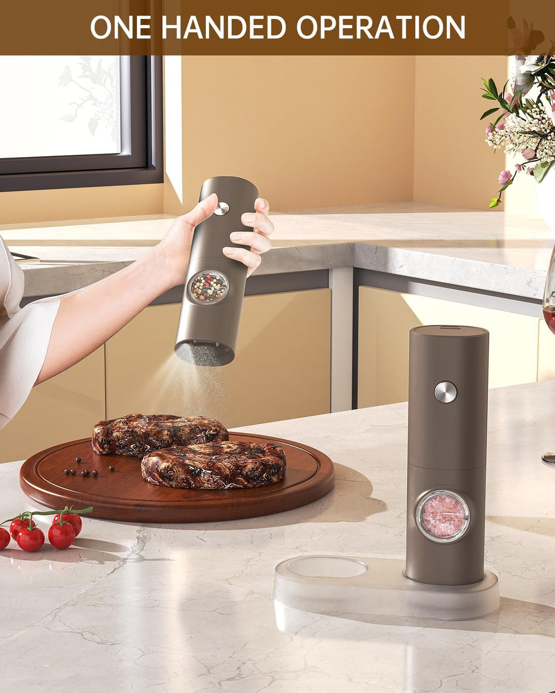 CIRCLE JOY Salz und Pfeffermühlen Elektrische 2er Set Batteriebetriebenen Gewürzmühle mit Basis, Wei