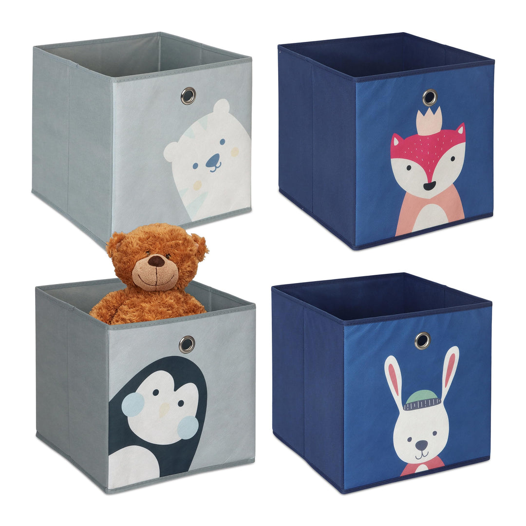 Relaxdays 4er Set, Kinder Aufbewahrungsboxen, süsse Tier-Motive, Faltbox für Würfelregale, HBT: 30x3
