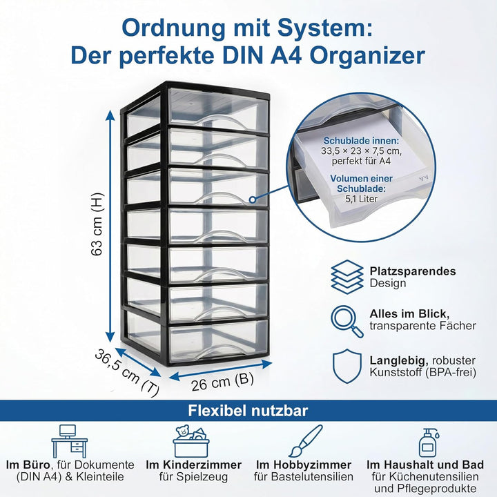 Hausfelder Schubladenbox A4, 7 Schubladen, inkl. Aufkleber | Schubladenturm Box aus Kunststoff für S