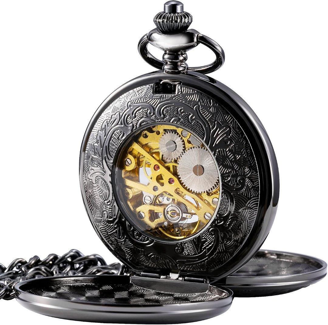 TREEWETO Unisex Taschenuhr mit Kette Analog Handaufzug Doppelscharnier Römische Ziffern Gold/Silber