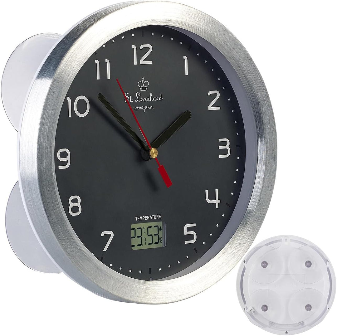 St. Leonhard Tischuhr: Badezimmer-Funk-Wanduhr, Thermo- und Hygrometer, Alu-Rahmen, Grau (Funk-Badez