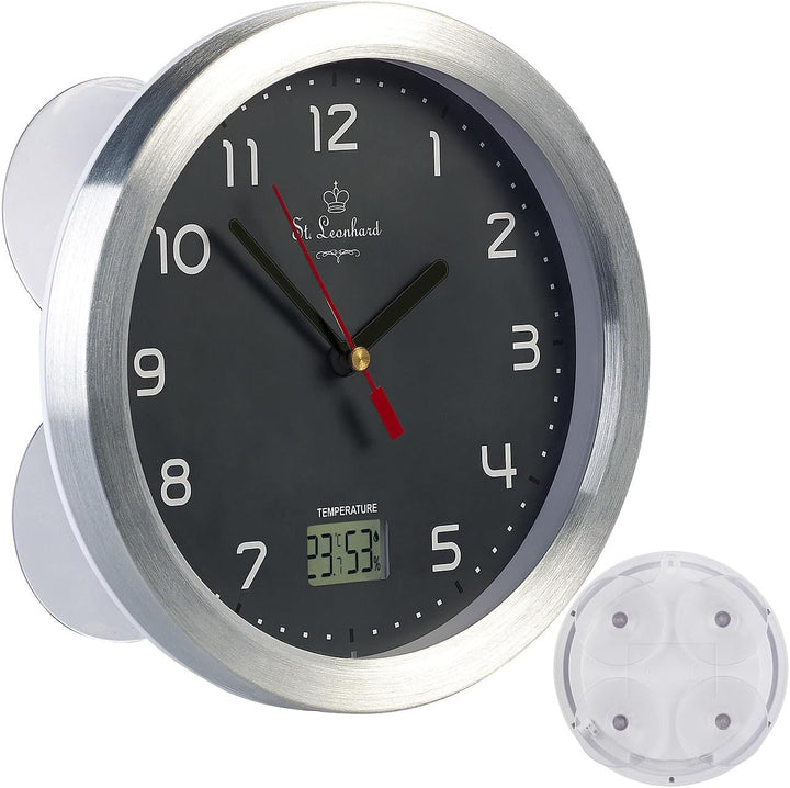 St. Leonhard Tischuhr: Badezimmer-Funk-Wanduhr, Thermo- und Hygrometer, Alu-Rahmen, Grau (Funk-Badez