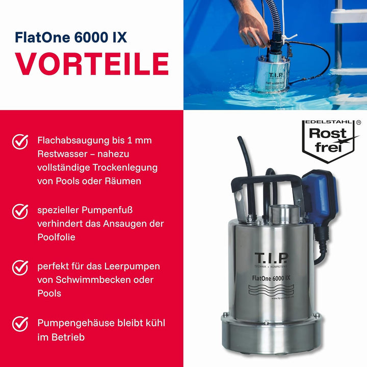 T.I.P. FlatOne 6000 INOX Drainage und Poolentwässerungspumpe Silber/schwarz 22.5 x 16.5 x 27 cm