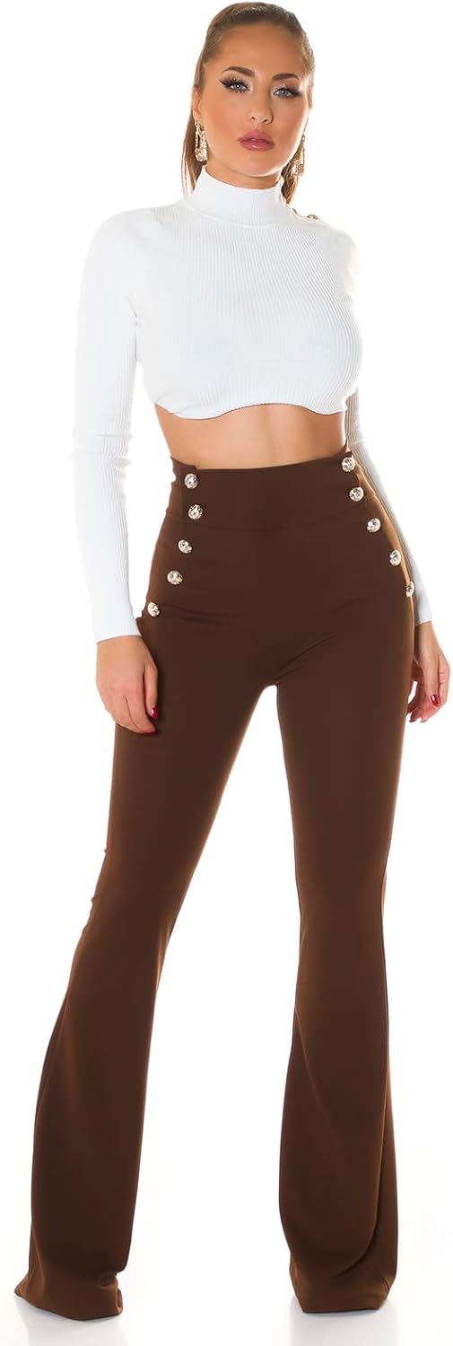 Stoff Business High Waist Schlag Hose mit Deko Knöpfe M Dunkelbraun, M Dunkelbraun