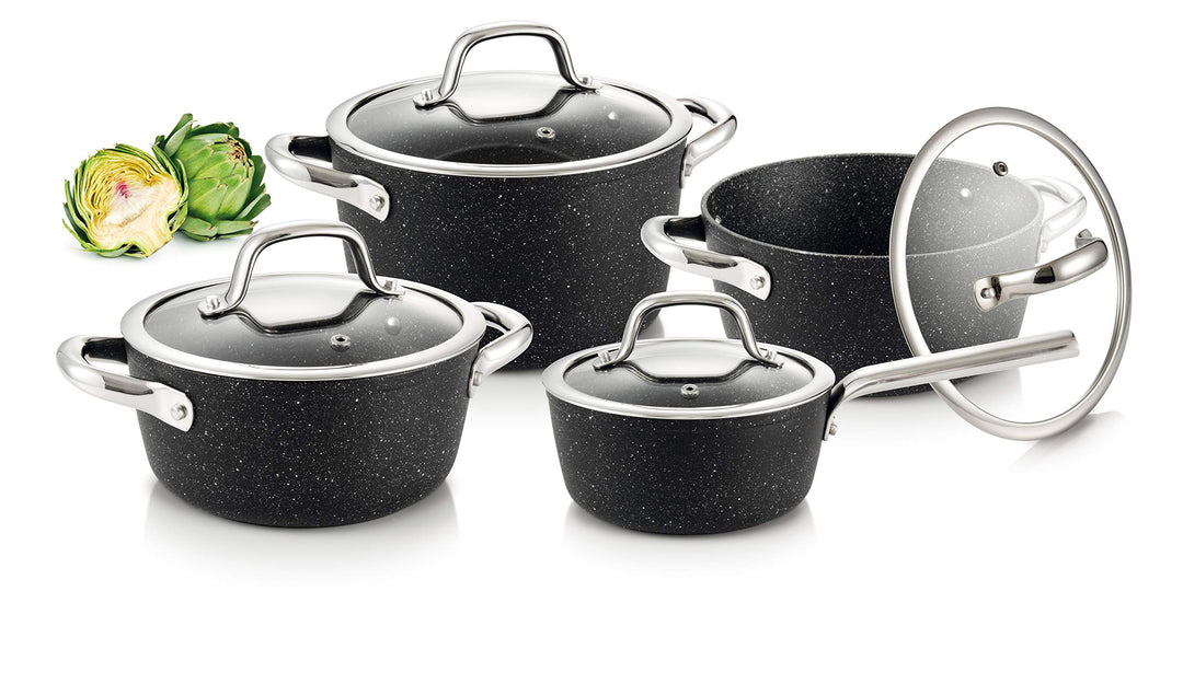 Tescoma PRESIDENT Topfset Stone 8-teilig I Premium Antihaft-Steinbeschichtung I Induktionsboden, Gee