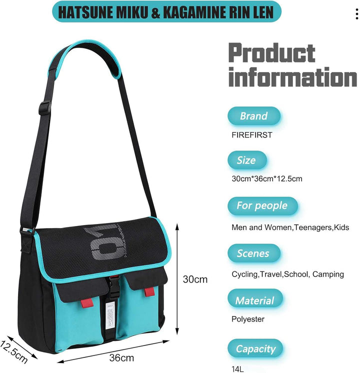 FIREFIRST x Hatsune Miku & Kagamine Rin/Len Schule Schultertaschen .Türkis W36×H30×D12.5（cm）, .Türki