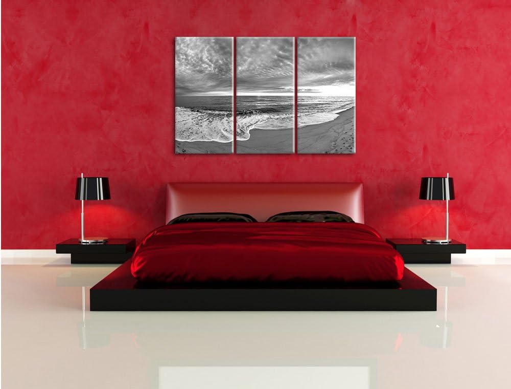 Pixxprint Strandufer Kunst B&W 3-Teiler Leinwandbild 120x80 Bild auf Leinwand