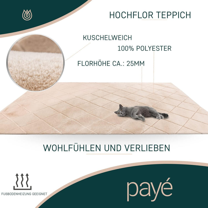 payé Teppich - Wohnzimmer Kuschwelweich 80x150cm Beige Flauschig Karo Muster Modern Deko Teppiche We