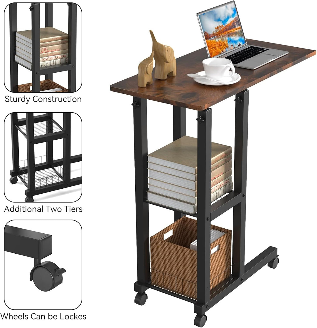 PIPIPOXER Beistelltisch mit Rollen, 60cm x 30 cm Sofatisch mit Rollen, Laptoptisch Höhenverstellbar