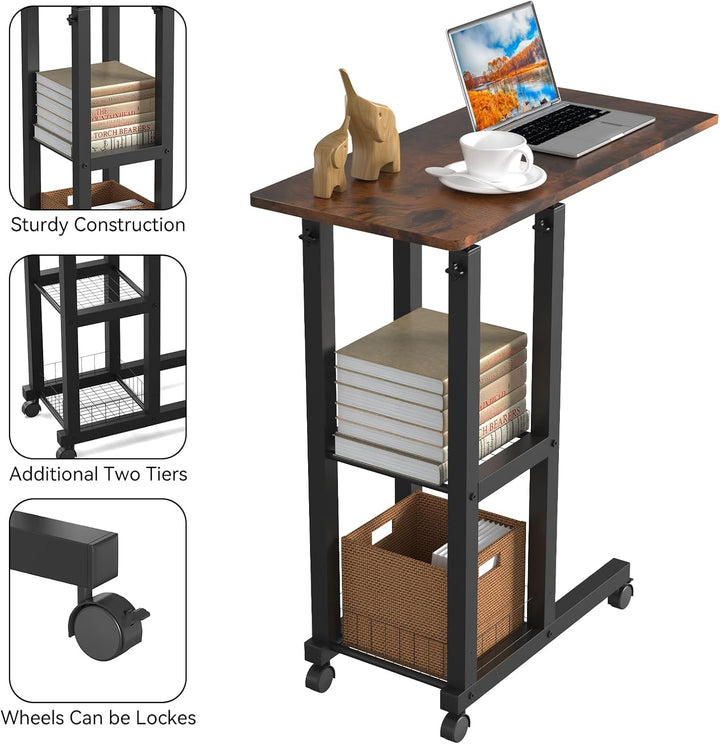 PIPIPOXER Beistelltisch mit Rollen, 60cm x 30 cm Sofatisch mit Rollen, Laptoptisch Höhenverstellbar