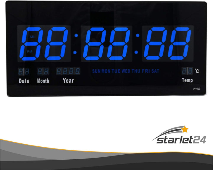 Starlet24 LED Wanduhr mit Datums- und Temperaturanzeige grosse LED-Anzeige 45x22cm (JH4622) Blau, 45