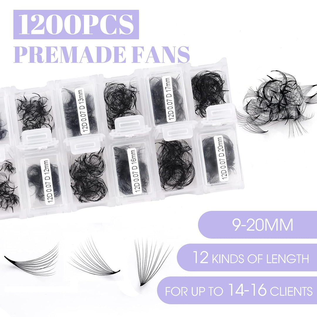 12D Gefächerte Volumen Wimpern 1200 Pcs Fertig Fächer Wimpernverlängerung C Curl 0.07mm 9-20mm Mixed