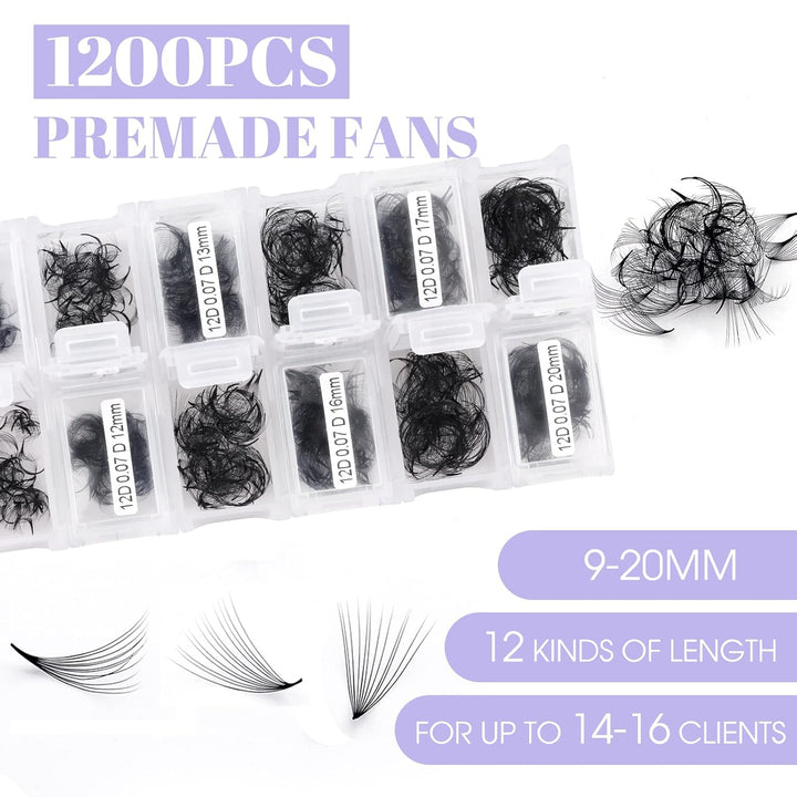12D Gefächerte Volumen Wimpern 1200 Pcs Fertig Fächer Wimpernverlängerung C Curl 0.07mm 9-20mm Mixed