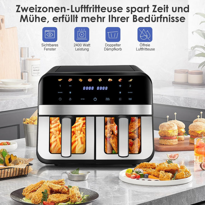Dual Zone Heissluftfritteuse, XXL 9L Rapid AirFryer, 2 Fächer, 8 Programme, 80°C- 200°C, 2400W, Heis