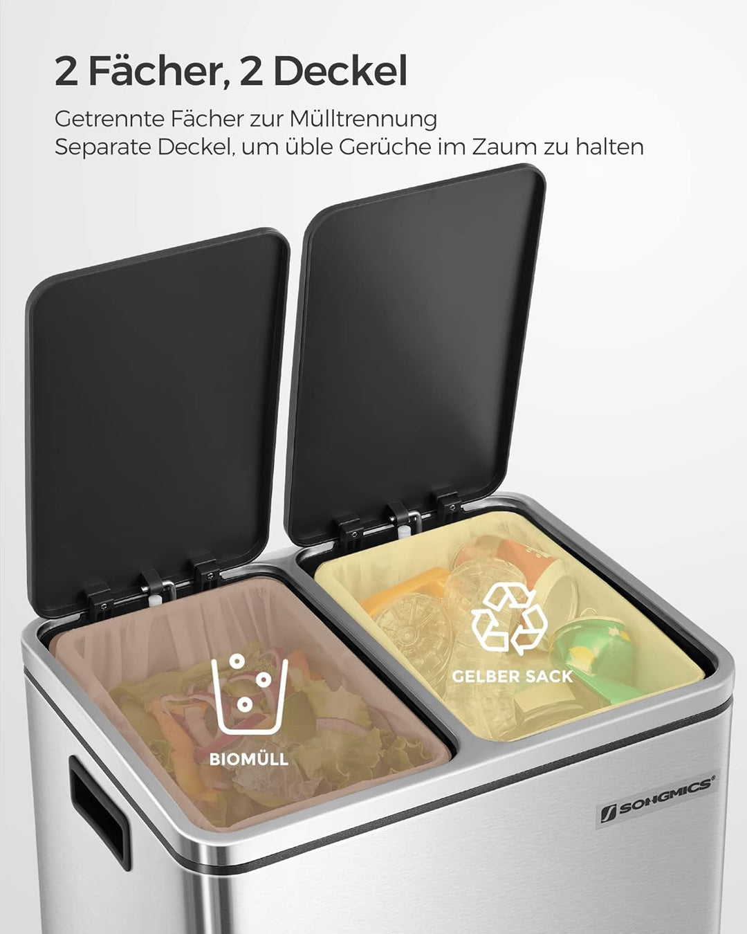 SONGMICS Mülleimer Küche, 2 x 15 L, Mülltrennsystem, Abfalleimer aus Metall, Treteimer mit Inneneime