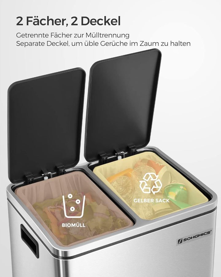 SONGMICS Mülleimer Küche, 2 x 15 L, Mülltrennsystem, Abfalleimer aus Metall, Treteimer mit Inneneime