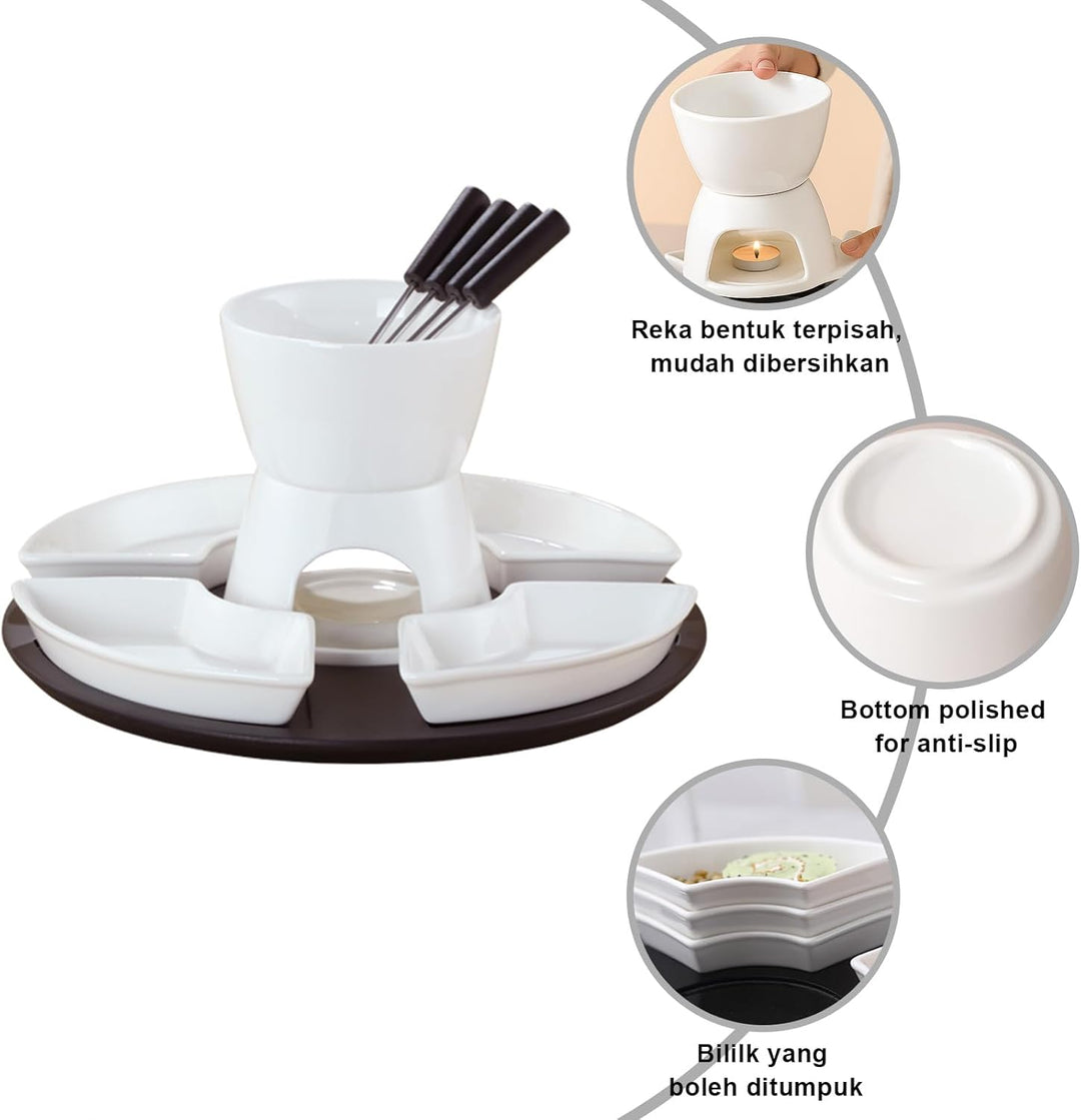 Bocguy Schokofondue Keramik, Schokobrunnen Set mit 4 Gabeln & 4 Keramiktellern & 1 Tablett, schokola