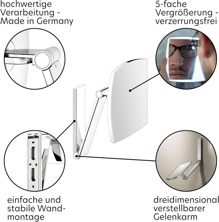Keuco Wand-Kosmetikspiegel mit Schwenkarm und Drehgelenk, 5-facher Vergrösserung, 20x20cm, eckig, Ch