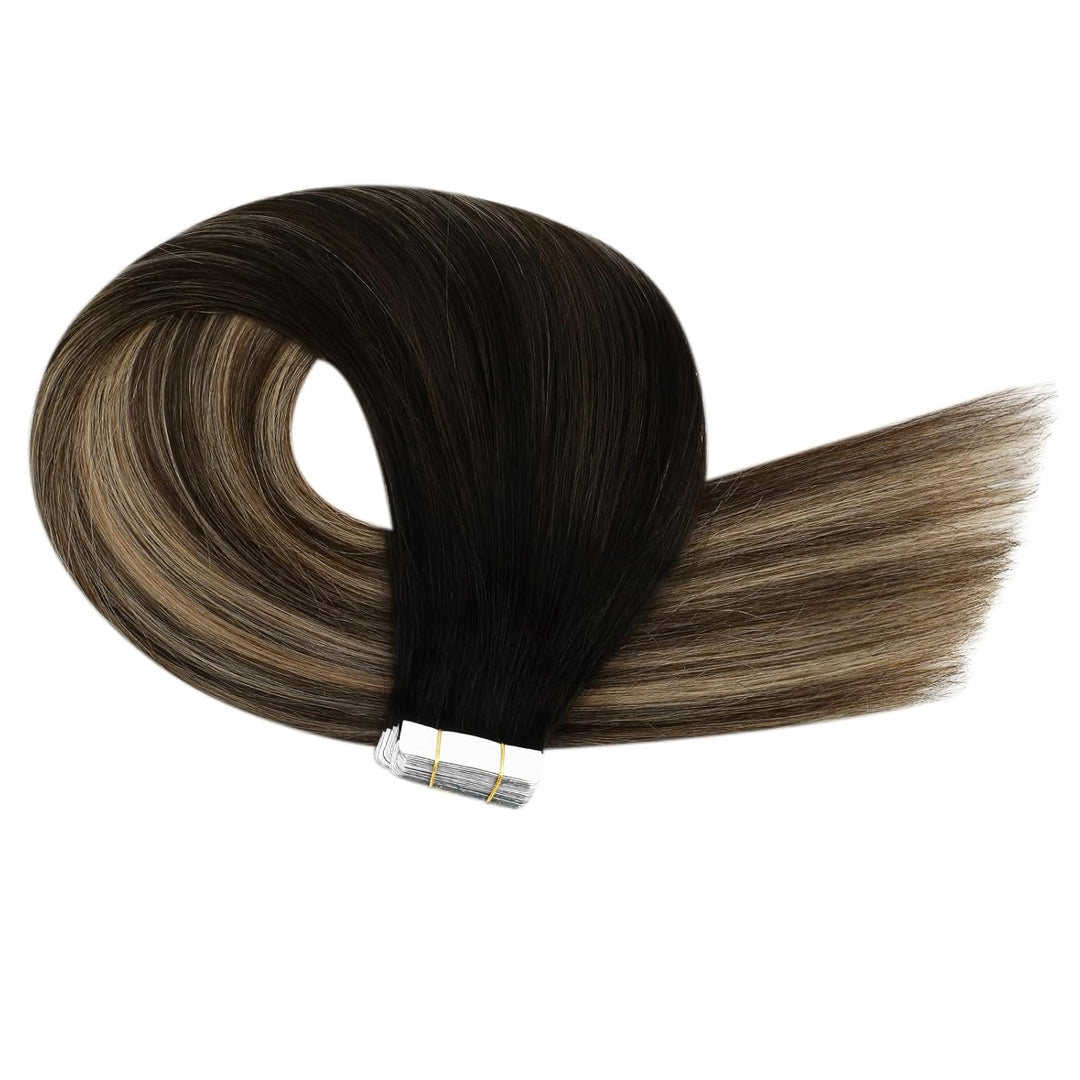 Ugeat 30cm Haarverlängerung Echthaar Tape Schwarz zu Dunkel Braun und Karamell Blond 1B/4/27 Haar Ex