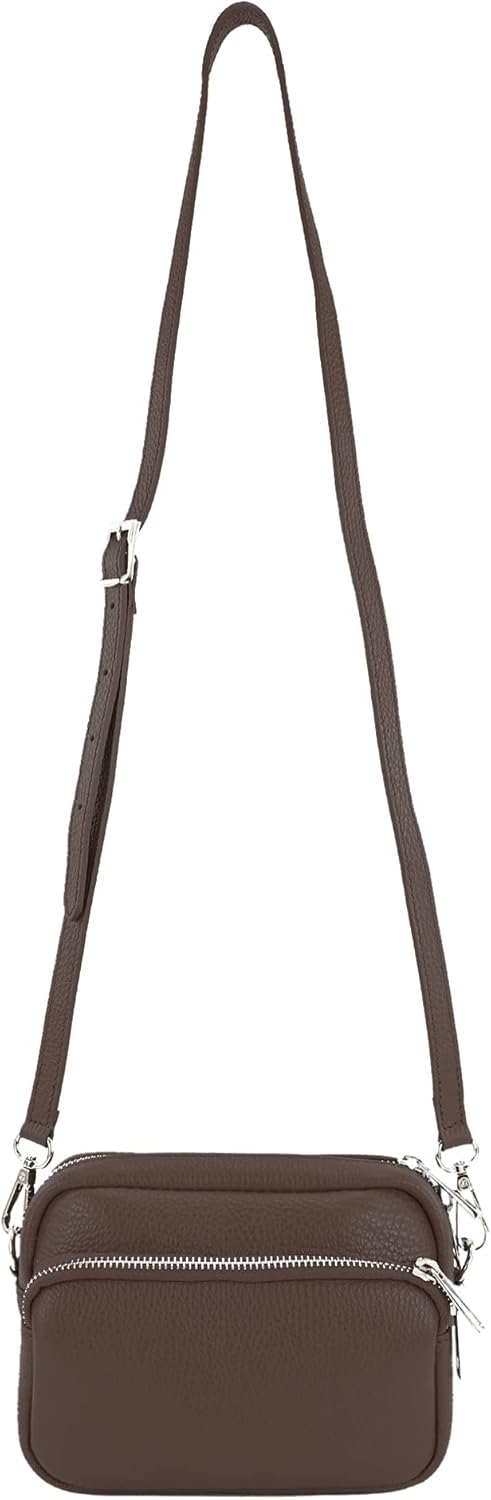 modamoda de - T231 - ital. Umhängetasche Klein Small aus Leder Dark Chocolate, Dark Chocolate