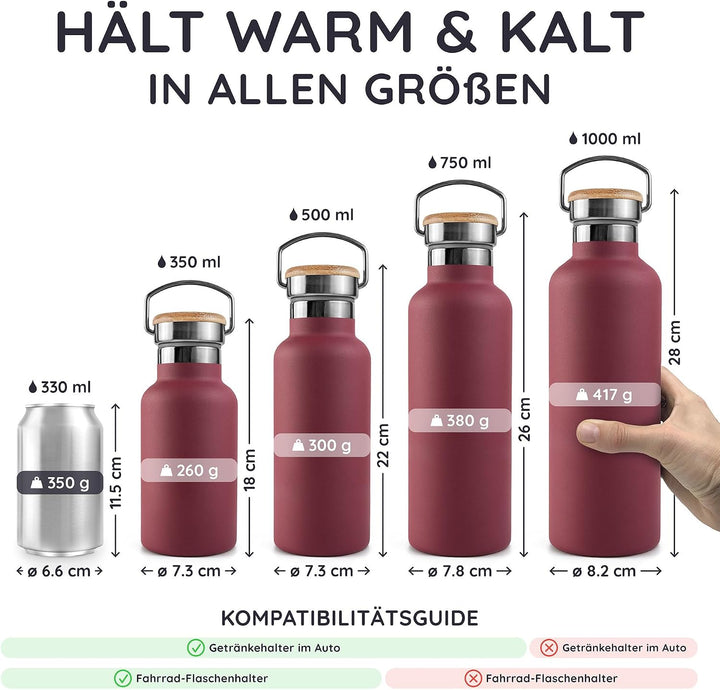 Bambaw Thermosflasche 500ml, Trinkflasche Rot, Edelstahl Trinkflasche, Flasche 500ml, Fahrrad Thermo