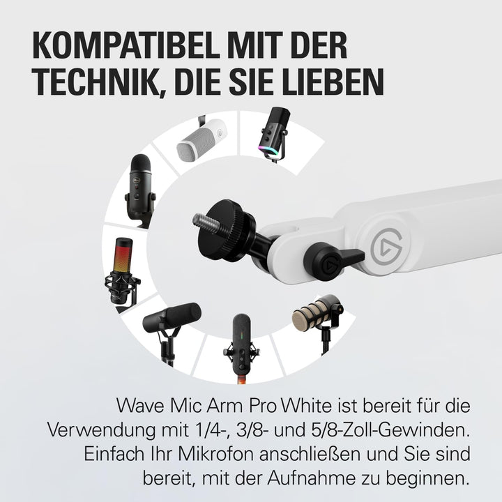 Elgato Wave Mic Arm Pro White – 360° drehbarer Mikrofonarm mit niedrigem Profil und Gasfeder, kompat