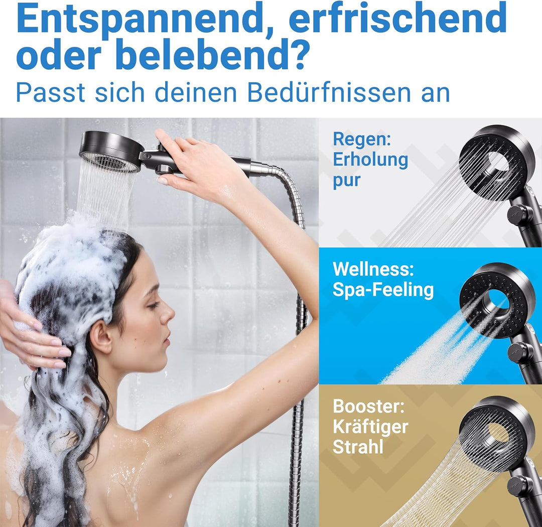 LOBENSWERK Duschkopf mit Filter [3 Modi - inkl. Booster] Duschkopf wassersparend mit Mineralperlen |