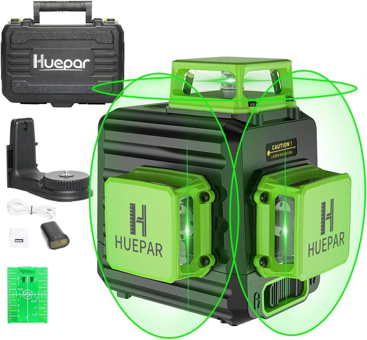 Huepar 3 x 360 Kreuzlinienlaser mit Litium-Ionen Batterie, Grüner Selbstnivellierenden Drei 360°-Las